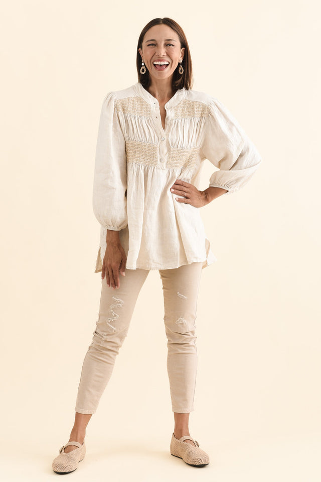 Balos Natural Linen Embellished Top,Brunette model,alt text|model:Cara image 7