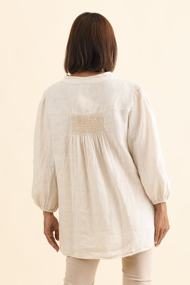 Balos Natural Linen Embellished Top,Brunette model,alt text|model:Cara image 5