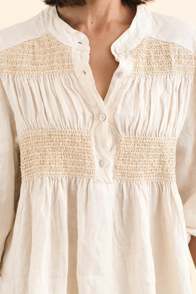 Balos Natural Linen Embellished Top,Brunette model,alt text|model:Cara image 6