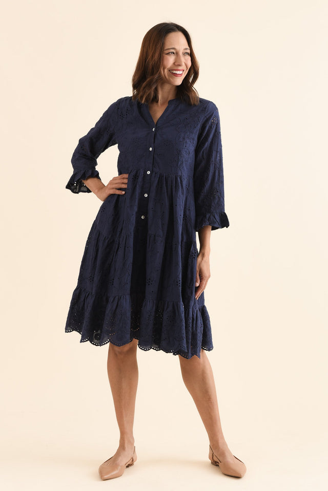 Banks Navy Cotton Embroidered Dress,Front,Brunette model,alt text|model:Cara