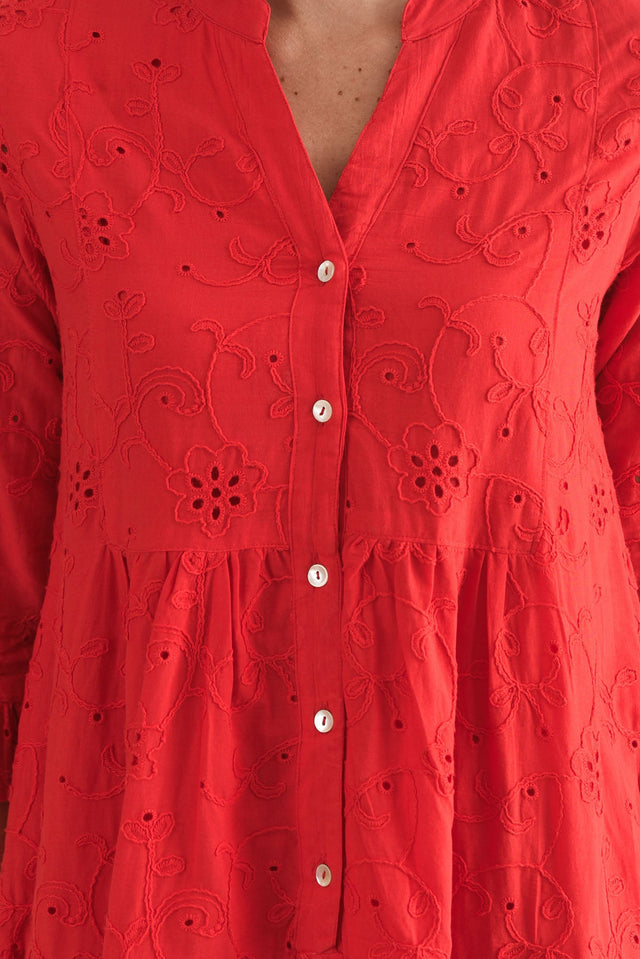 Banks Red Cotton Embroidered Dress,Detail,Brunette model,alt text|model:MJ image 5