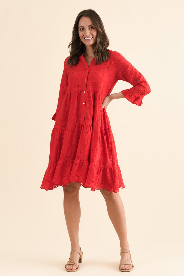 Banks Red Cotton Embroidered Dress,Full Body,Brunette model,alt text|model:MJ