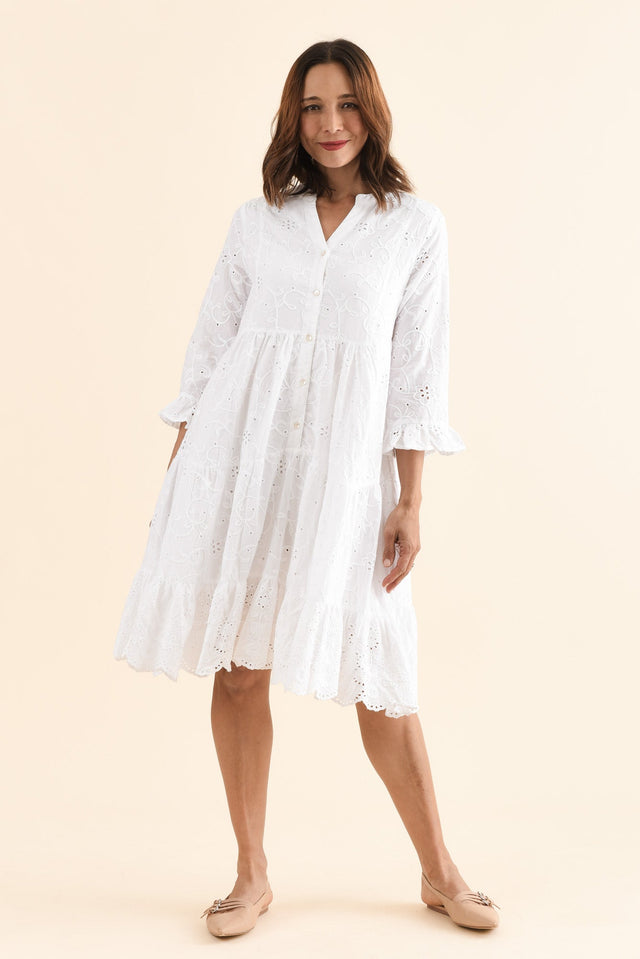 Banks White Cotton Embroidered Dress,Full Body,Brunette model,alt text|model:Cara