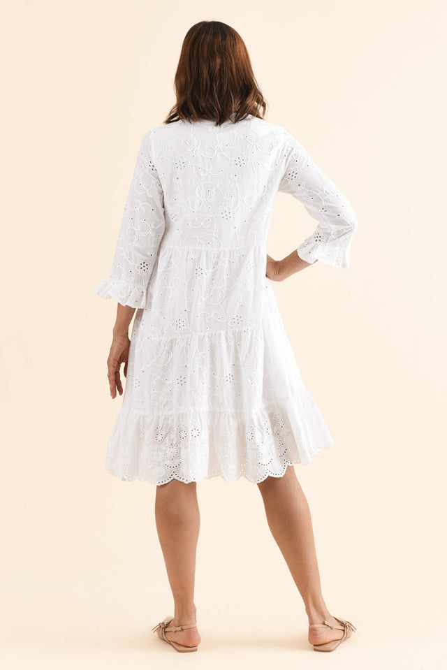 Banks White Cotton Embroidered Dress,Back,Brunette model,alt text|model:Cara image 4