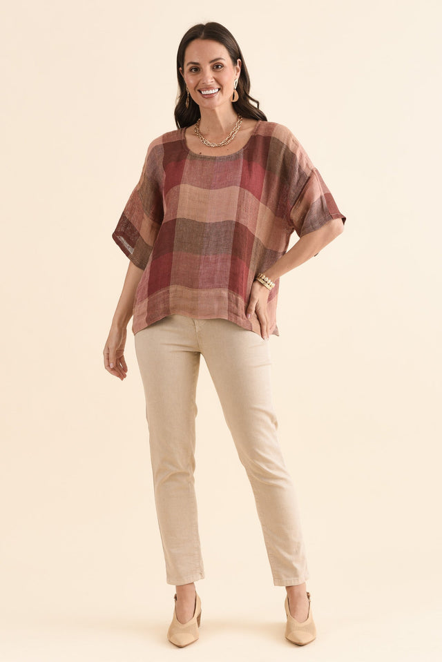 Barbara Brown Check Linen Top,Full Body,Brunette model,alt text|model:MJ image 2