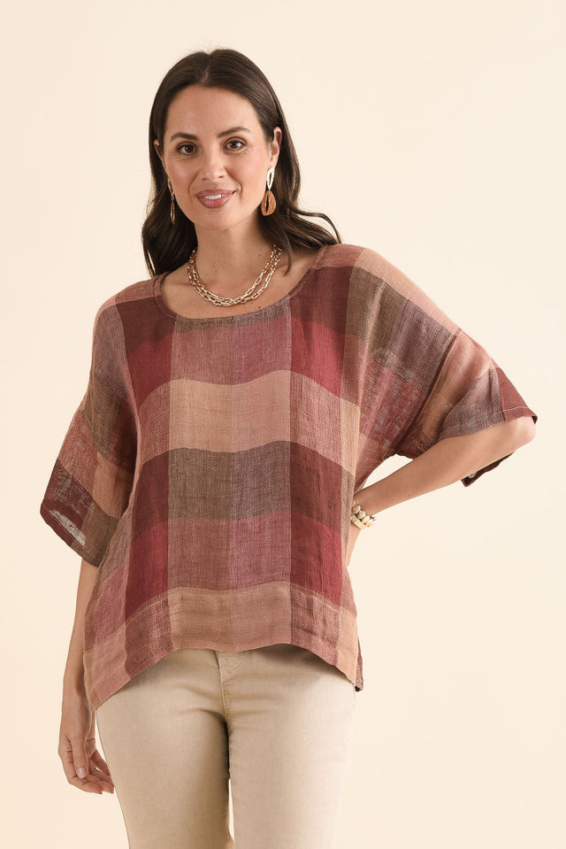 Barbara Brown Check Linen Top,Front,Brunette model,alt text|model:MJ image 1