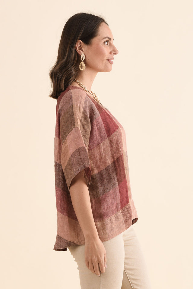 Barbara Brown Check Linen Top,Side,Brunette model,alt text|model:MJ image 3