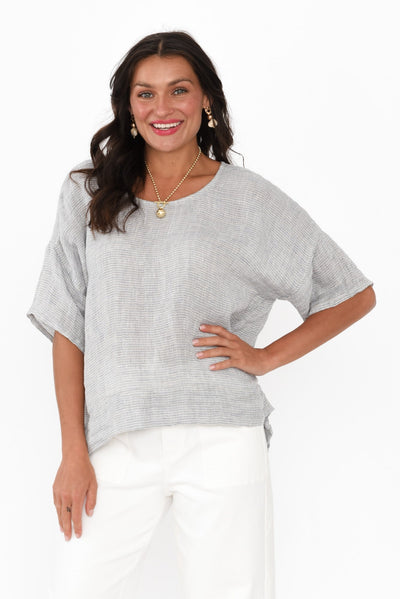 Barbara Light Blue Stripe Linen Top