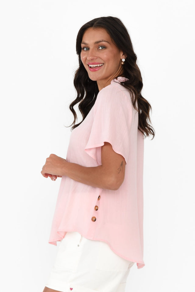 Bari Blush Linen Button Top,Brunette model,alt text|model:Brontie image 4