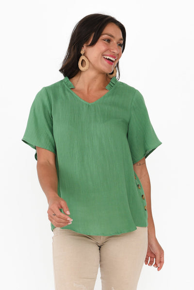 Bari Green Linen Button Top
