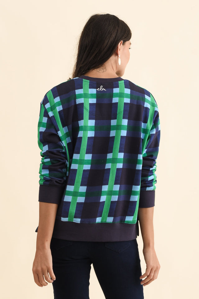 Bari Navy Check Cotton Crewneck Sweatshirt,Brunette model,alt text|model:Brontie image 6