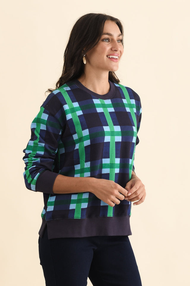 Bari Navy Check Cotton Crewneck Sweatshirt,Brunette model,alt text|model:Brontie image 5