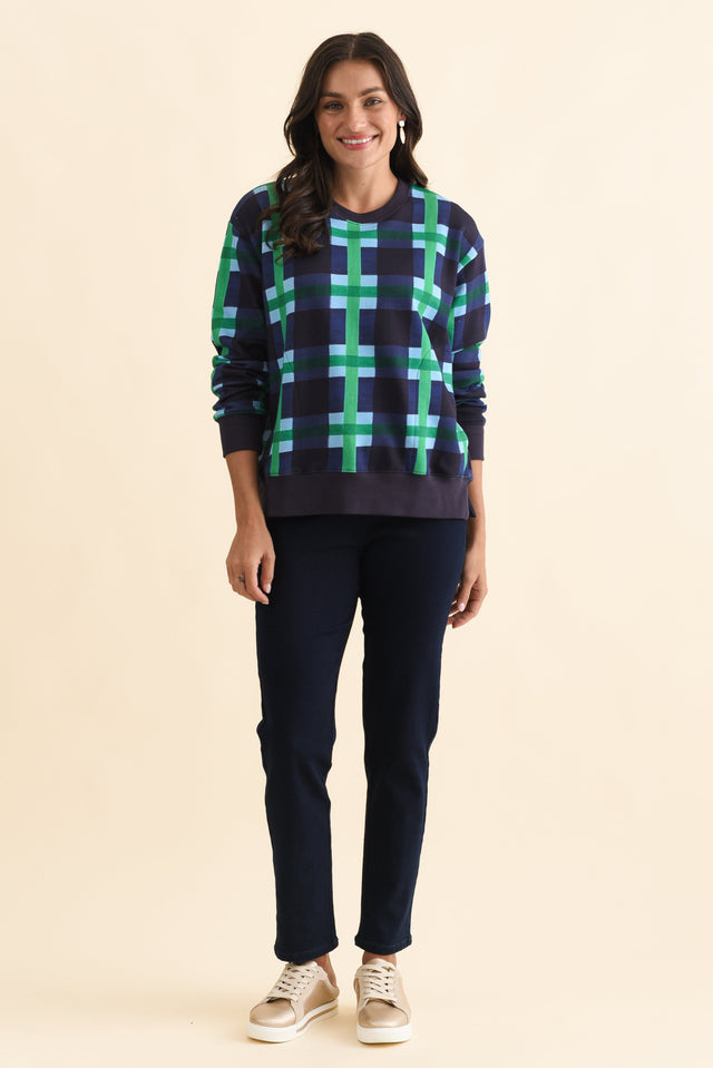 Bari Navy Check Cotton Crewneck Sweatshirt,Brunette model,alt text|model:Brontie image 8
