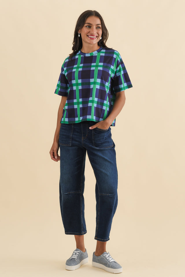 Bari Navy Check Cotton Tee,Brunette model,alt text|model:Brontie image 3