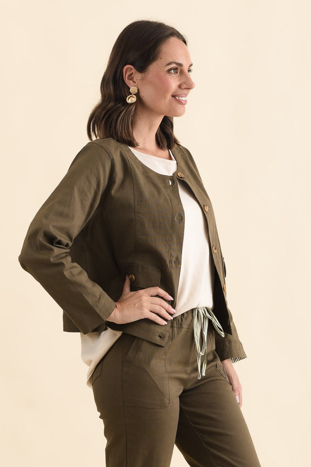 Barney Khaki Linen Blend Jacket,Brunette model,alt text|model:MJ image 5