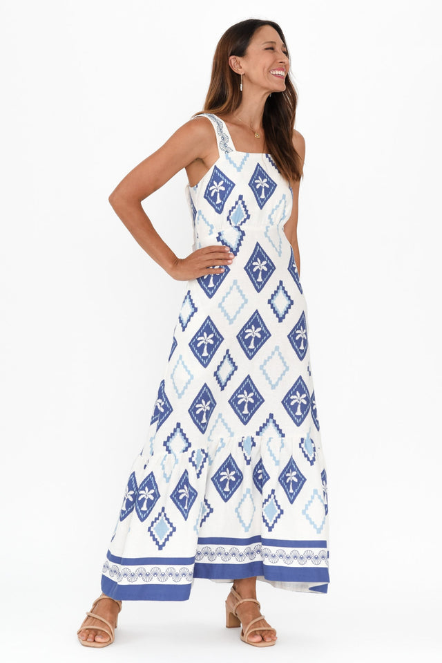 Bateau Blue Palm Linen Dress,Brunette model,alt text|model:Cara image 6