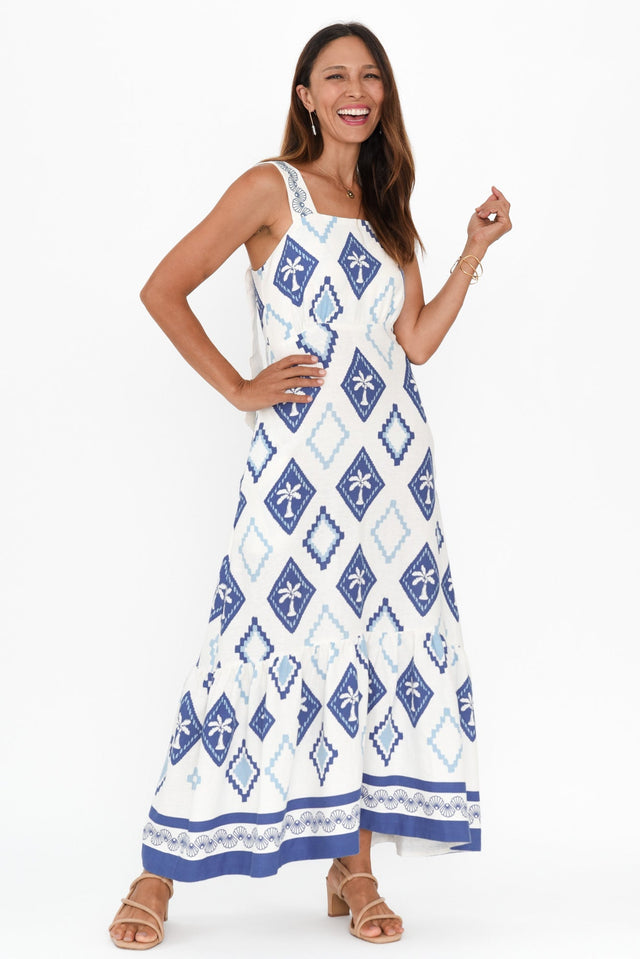 Bateau Blue Palm Linen Dress,Brunette model,alt text|model:Cara