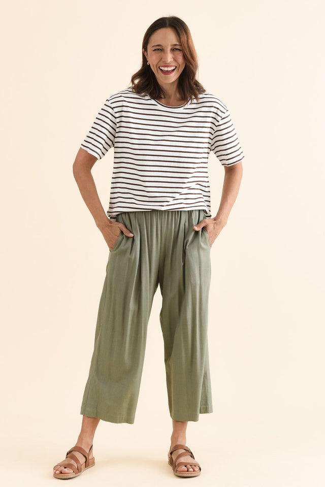 Belinda Khaki Linen Blend Cropped Pants,Full Body,Brunette model,alt text|model:Cara image 8