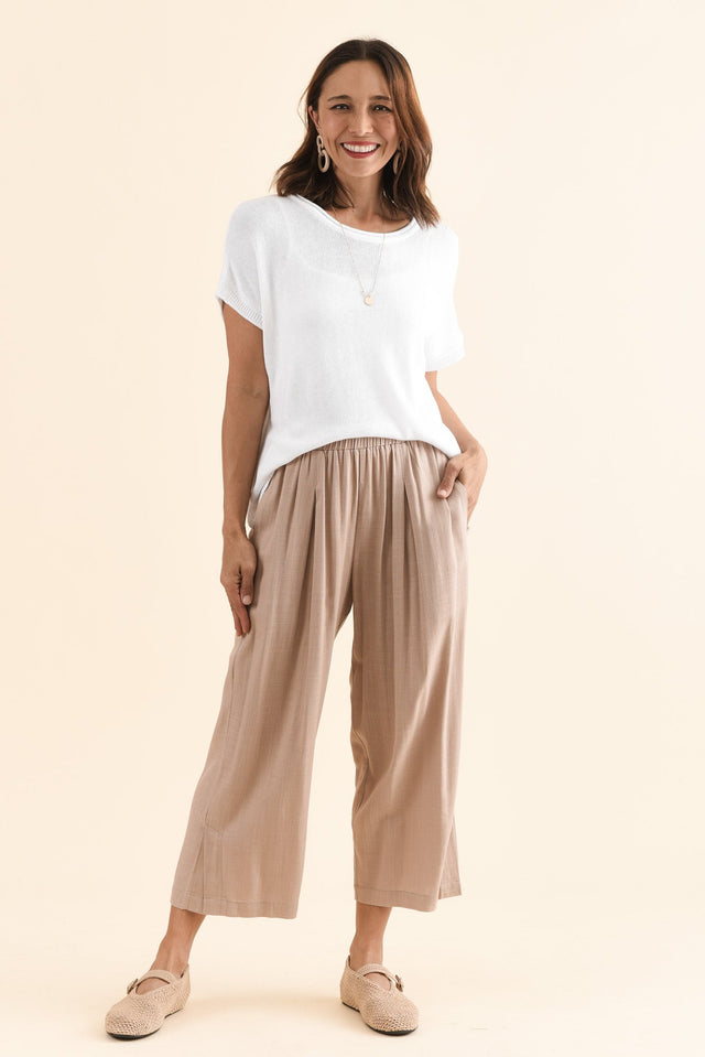 Belinda Taupe Linen Blend Cropped Pants,Full Body,Brunette model,alt text|model:Cara image 4