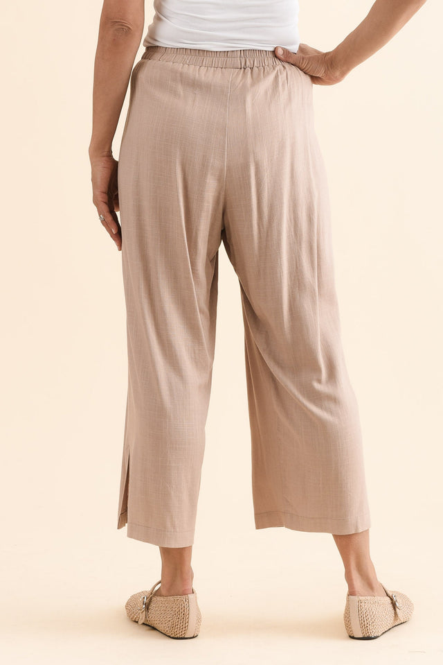 Belinda Taupe Linen Blend Cropped Pants,Back,Brunette model,alt text|model:Cara image 6
