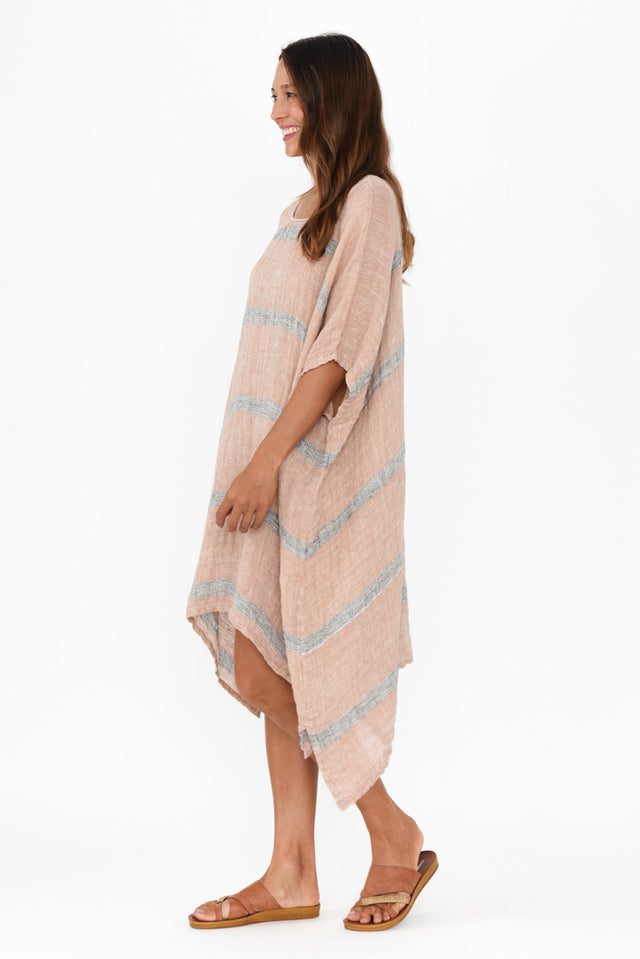 Belize Pink Stripe Linen Kaftan,Brunette model,alt text|model:Cara image 4