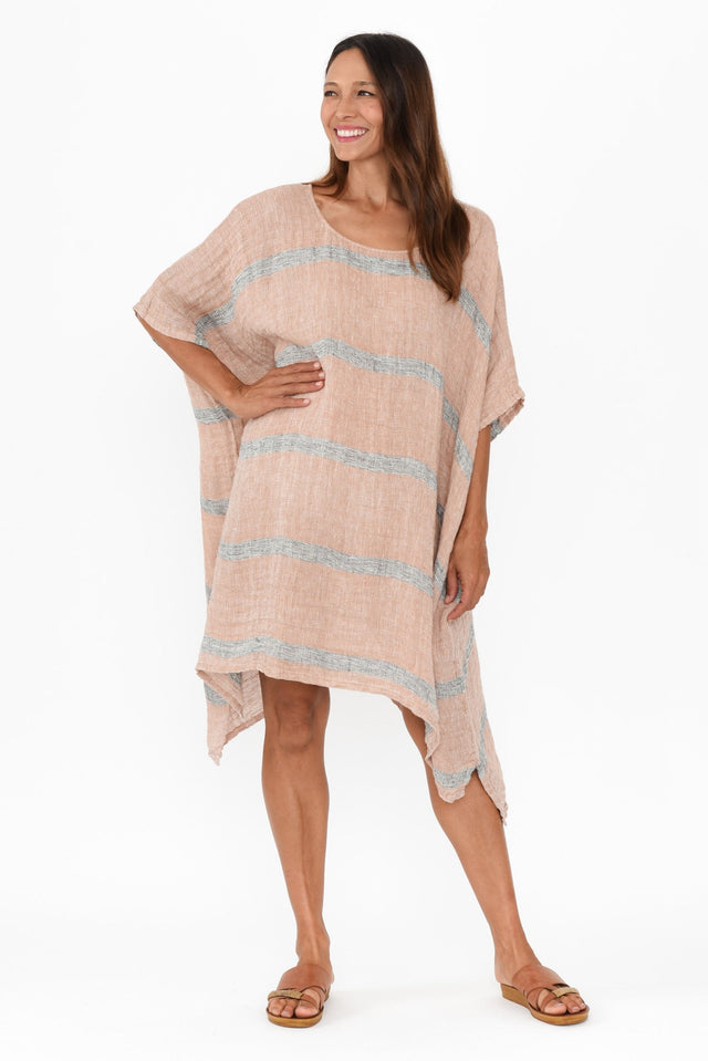 Belize Pink Stripe Linen Kaftan,Brunette model,alt text|model:Cara image 7