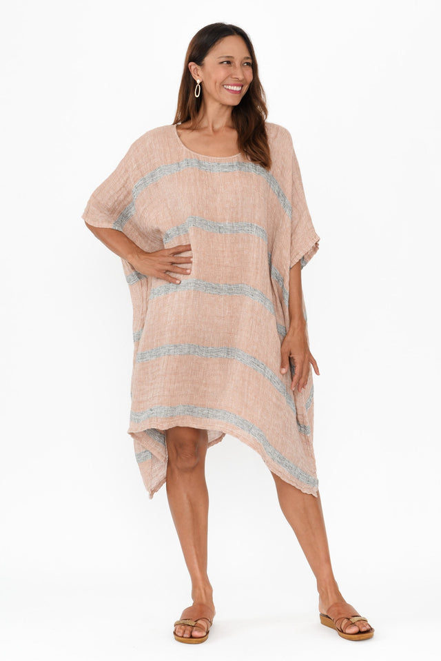 Belize Pink Stripe Linen Kaftan,Brunette model,alt text|model:Cara