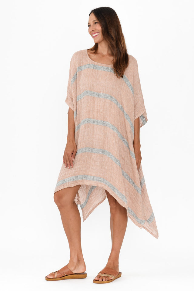Belize Pink Stripe Linen Kaftan,Brunette model,alt text|model:Cara image 3