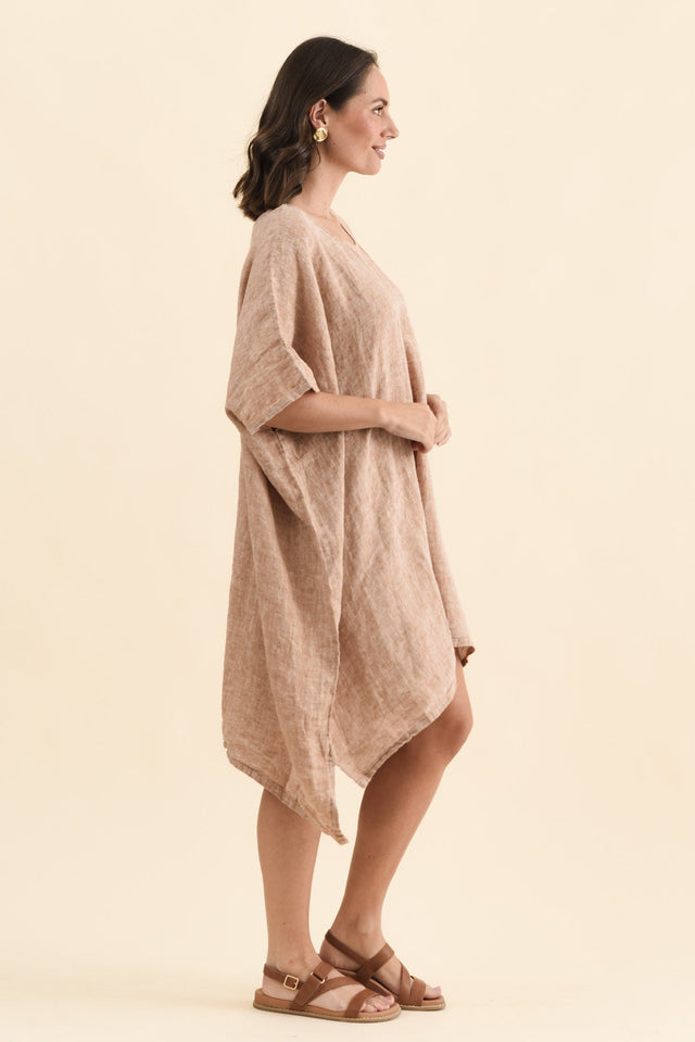 Belize Rust Linen Kaftan,Side,Brunette model,alt text|model:MJ image 3