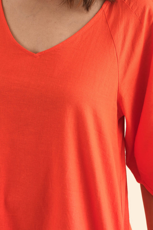 Bella Orange Split Linen Blend Dress,Detail,Brunette model,alt text|model:Cara image 5