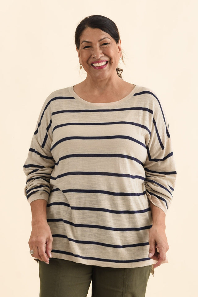 Berlin Navy Stripe Cotton Blend Knit Top,Brunette model,alt text|model:Pilita image 8