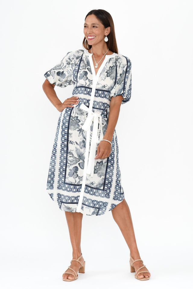 Bijou Ink Floral Linen Blend Dress,Brunette model,alt text|model:Cara