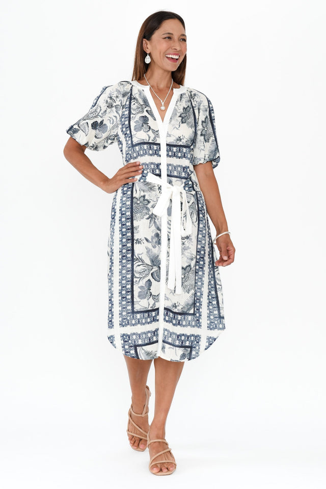 Bijou Ink Floral Linen Blend Dress,Brunette model,alt text|model:Cara image 3