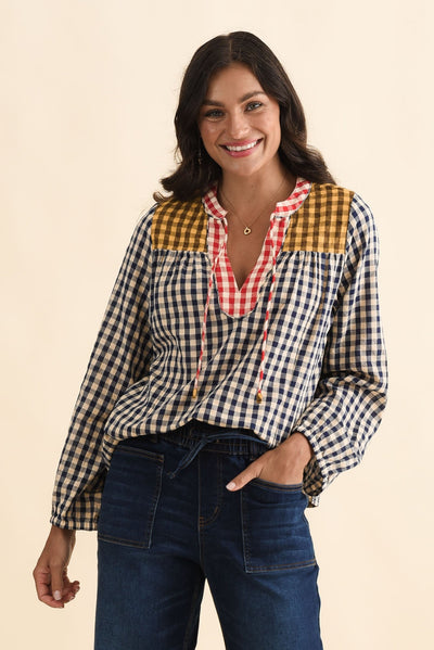 Billie Navy Check Cotton Top