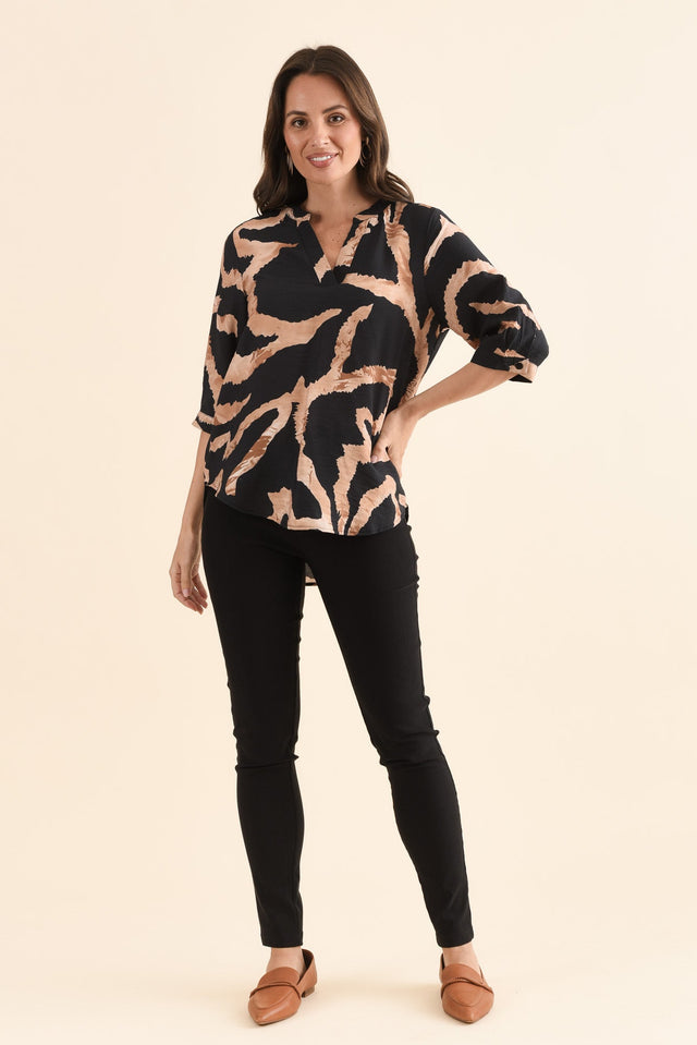Billow Tan Abstract V Neck Top,Full Body,Brunette model,alt text|model:MJ