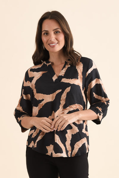 Billow Tan Abstract V Neck Top