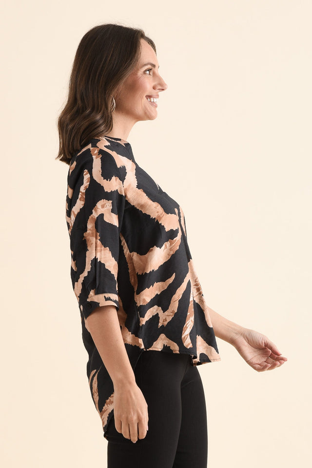 Billow Tan Abstract V Neck Top,Side,Brunette model,alt text|model:MJ image 3