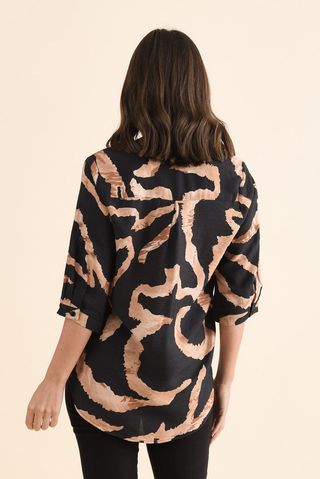 Billow Tan Abstract V Neck Top,Back,Brunette model,alt text|model:MJ image 4