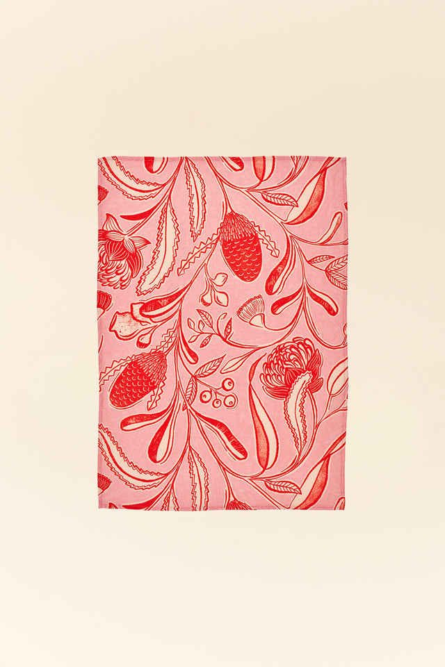 Red Trailing Natives Linen Tea Towel