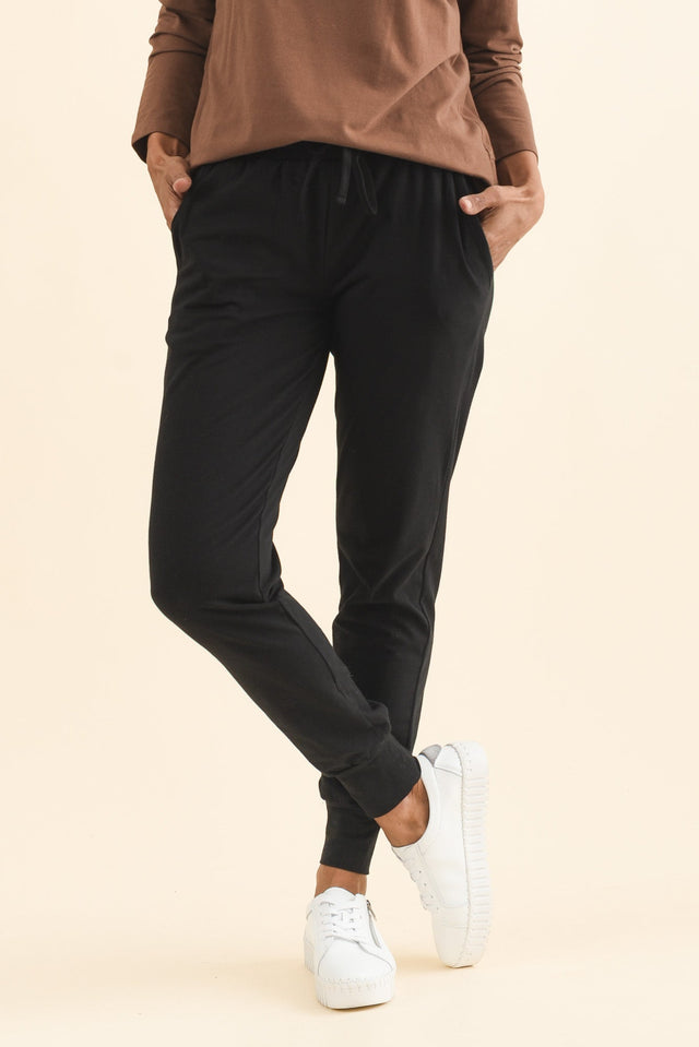 Black Cotton Everyday Tie Sweatpants,Brunette model,alt text|model:Cara