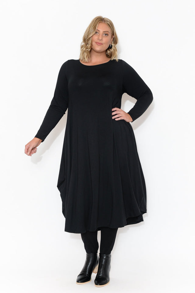 Black Long Sleeved Micro Modal Drape Dress,Blonde model,alt text|model:Caitlin image 8