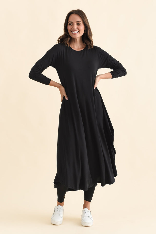 Black Long Sleeved Micro Modal Drape Dress,Brunette model,alt text|model:MJ