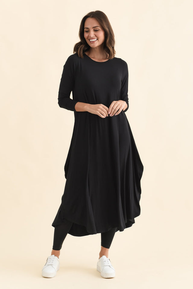 Black Long Sleeved Micro Modal Drape Dress,Brunette model,alt text|model:MJ image 6