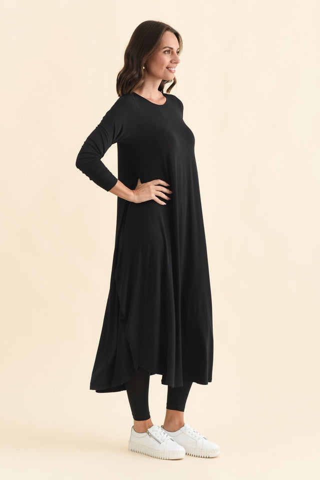 Black Long Sleeved Micro Modal Drape Dress,Brunette model,alt text|model:MJ image 3