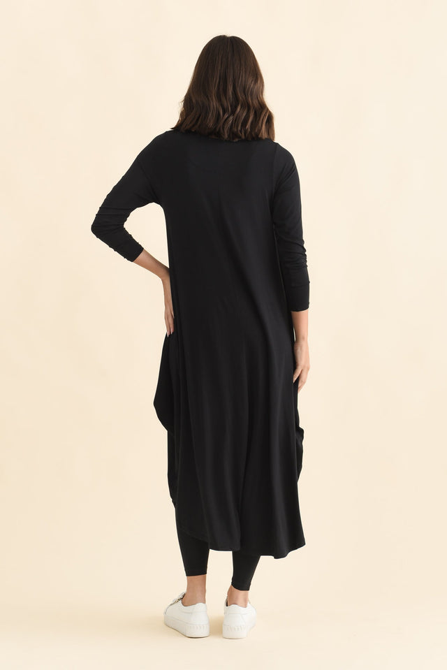 Black Long Sleeved Micro Modal Drape Dress,Brunette model,alt text|model:MJ image 4
