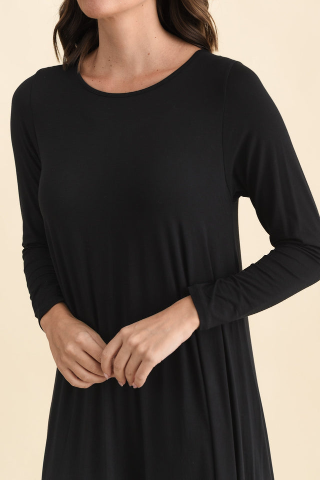 Black Long Sleeved Micro Modal Drape Dress,Brunette model,alt text|model:MJ image 5
