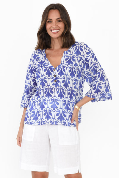 Blaise Blue Abstract Cotton Button Top