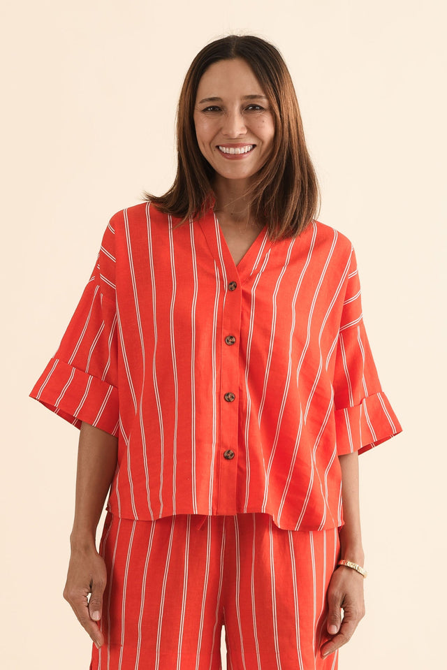 Bloom Orange Stripe Linen Blend Shirt,Front,Brunette model,alt text|model:Cara image 1