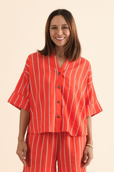 Bloom Orange Stripe Linen Blend Shirt
