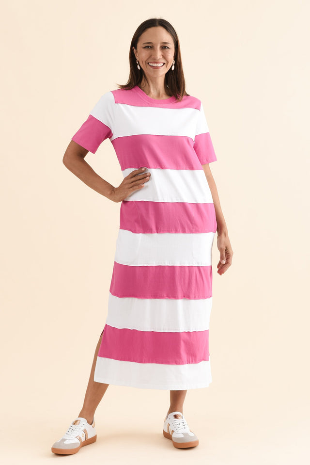 Bold Magenta Stripe Cotton Tee Dress,Full Body,Brunette model,alt text|model:Cara